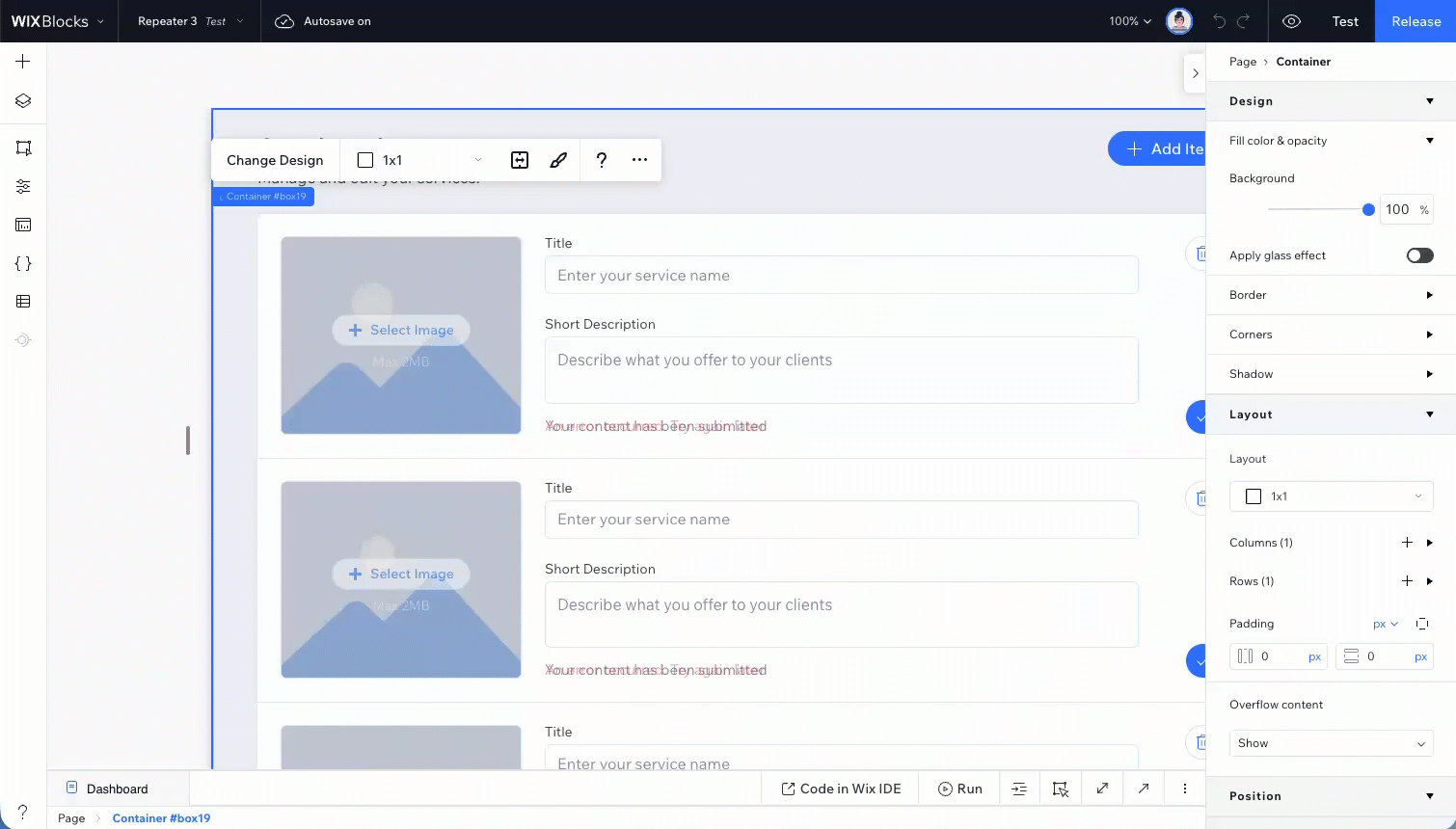 Wix Blocks dashboard interface showing page layout and container controls