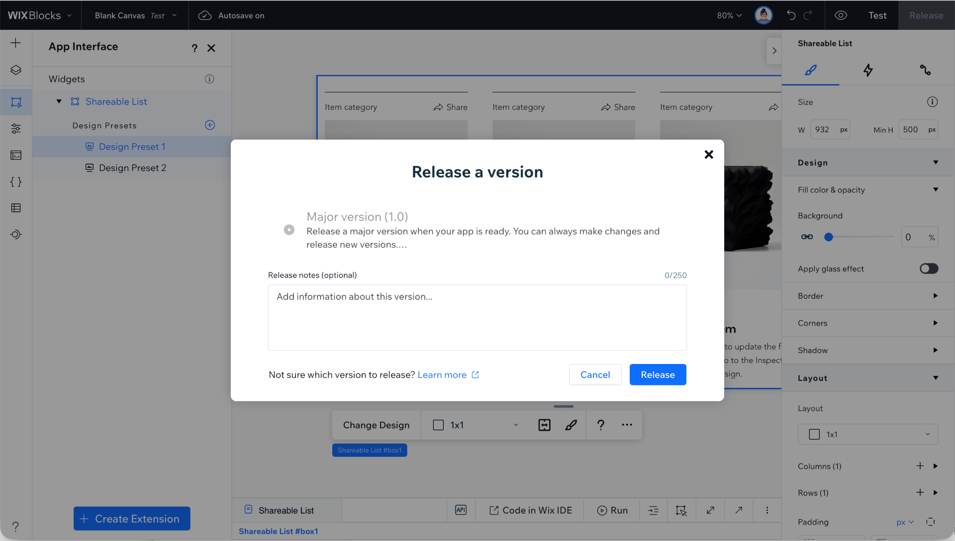 Wix Blocks release dialog for publishing a major app version