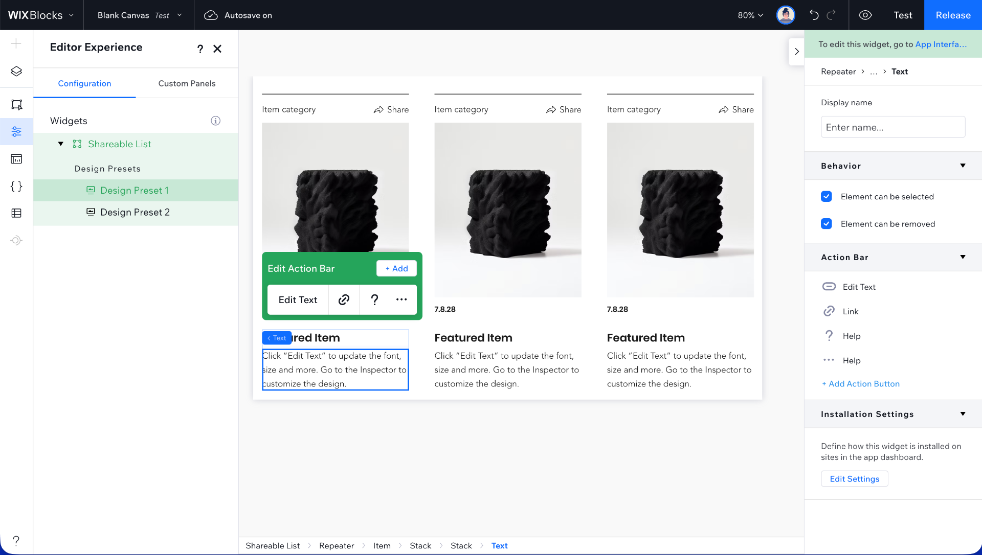 Wix Blocks editor experience showing widget configuration and action bar
