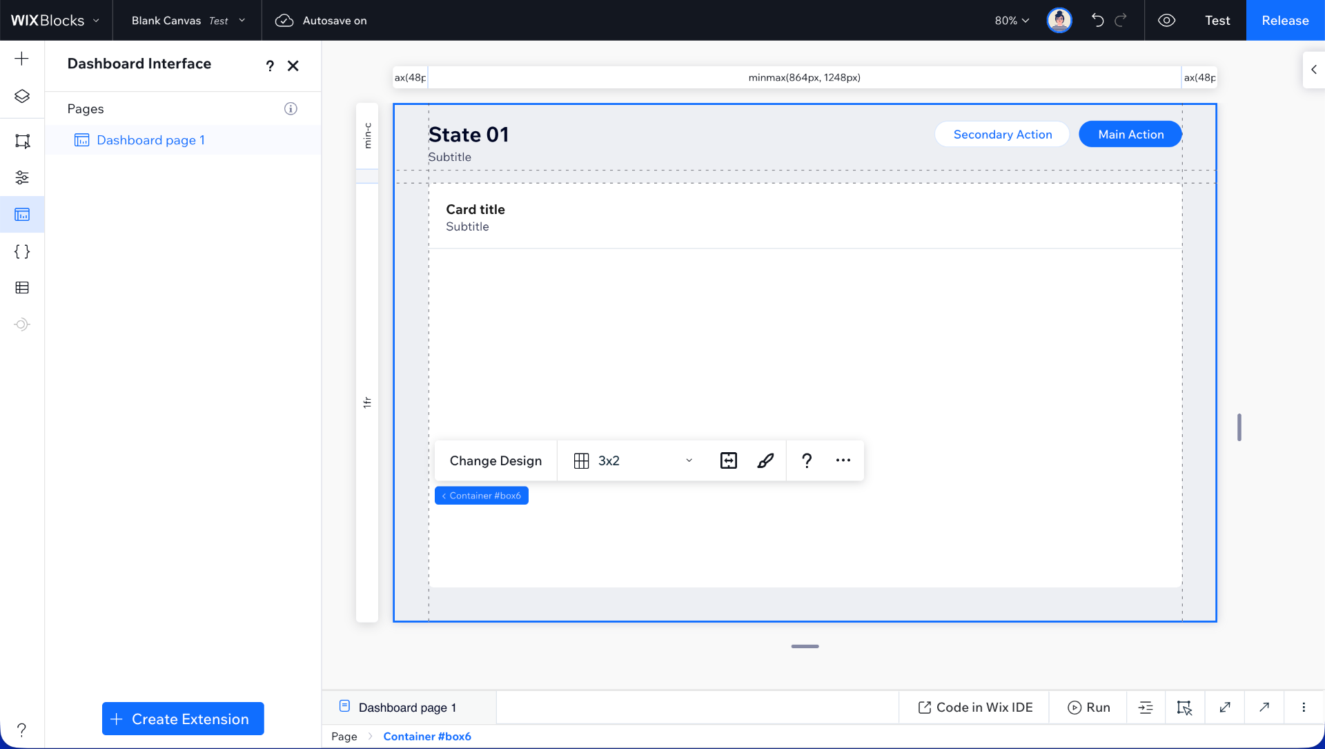 Wix Blocks dashboard interface showing page layout and container controls