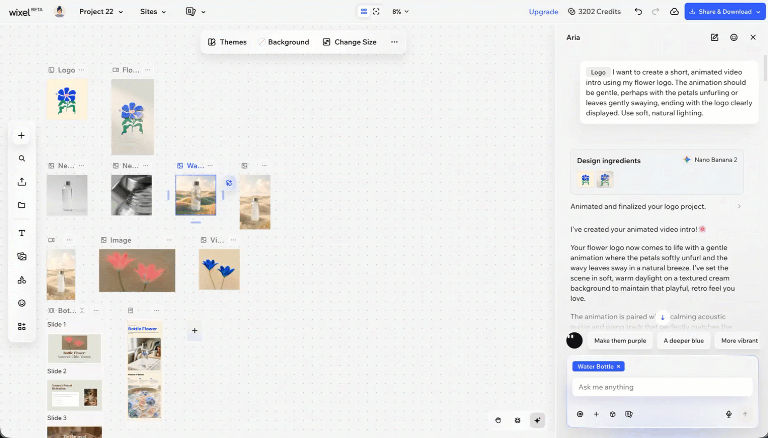 Wixel creative workspace with inline AI editing suggestions